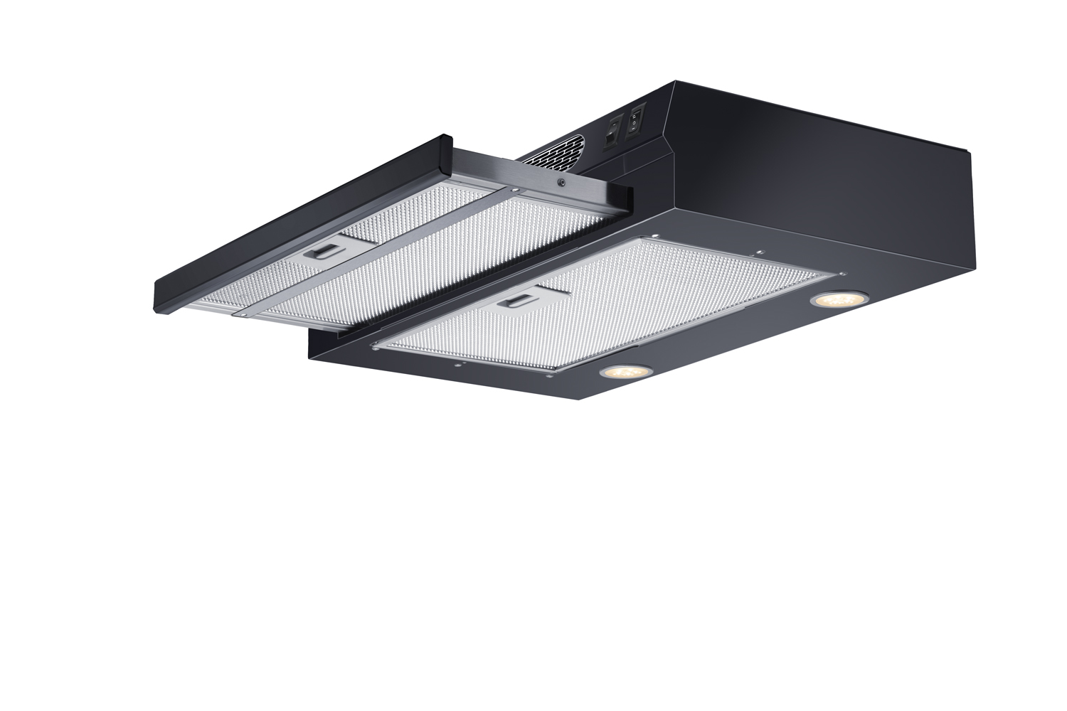 24 inch wide under cabinet retractable range hood for ductless use in black, made in the USA